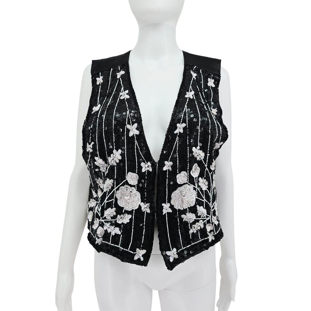 Vintage 80's AJ Silk Sequin Women Vest Black M